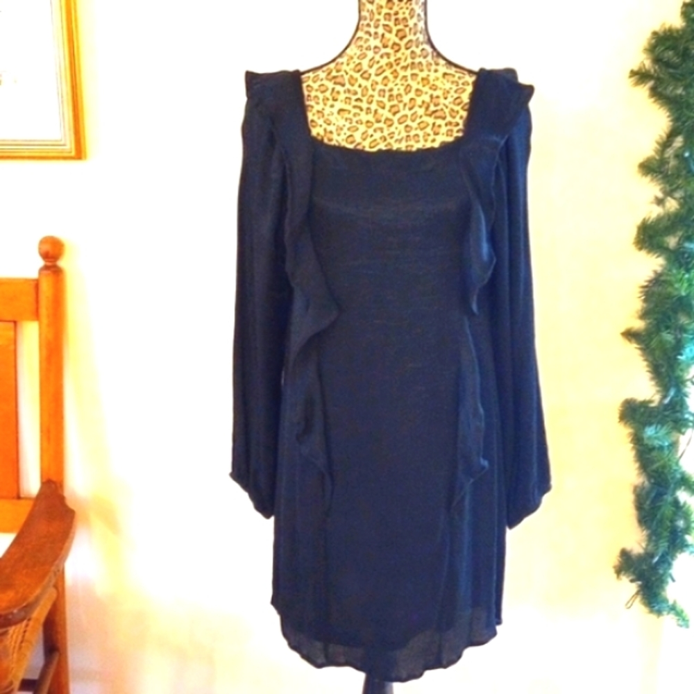 Glam Ladies Long Sleeve Midi Dress with Ruffle Accent Size:M Color:Black NWOT